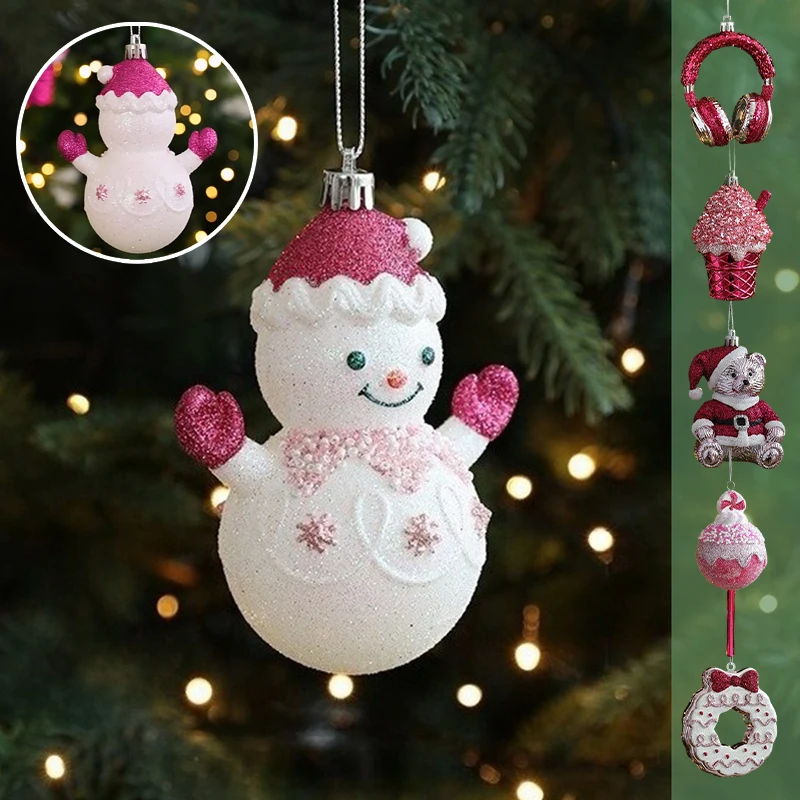

Christmas Tree Cake Bear Ornament Glitter Powder Plastic 3D Pendant with Snowman Lollipop Hanging Decor for Home Window Party