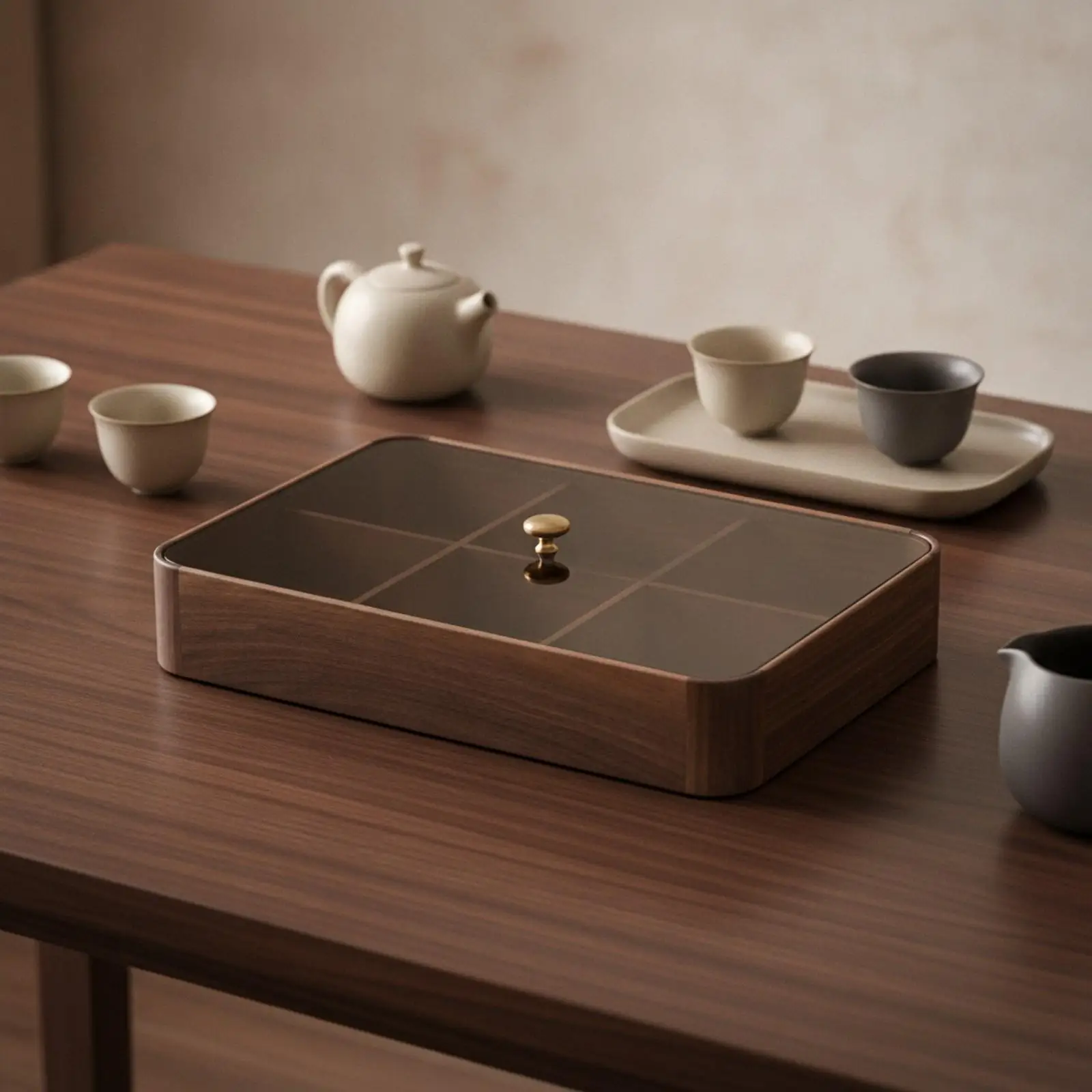 Elegant Walnut Serving Tray with Compartments and See Through Top for Casual Gatherings Functional Home Accent