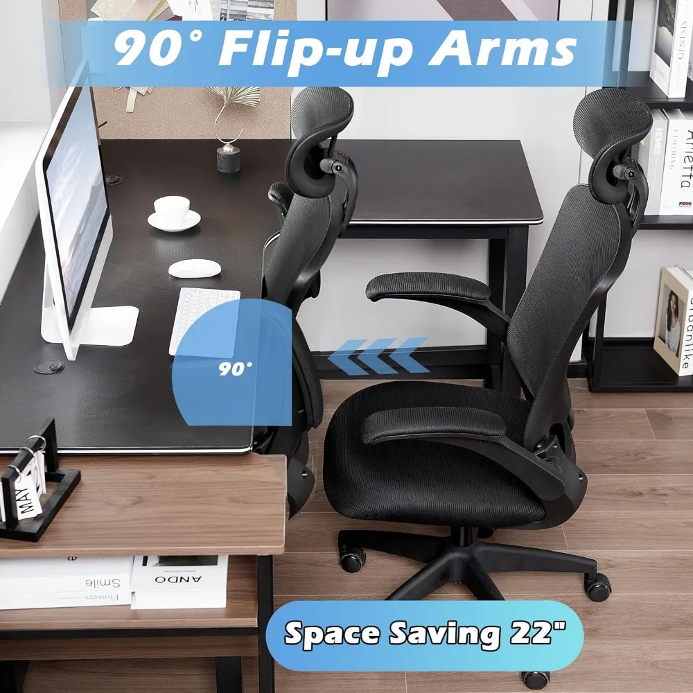 Home Office Desk Chair - Ergonomic Computer Chair with Adjustable Flip-Up Armrests, Lumbar Support, Headrest