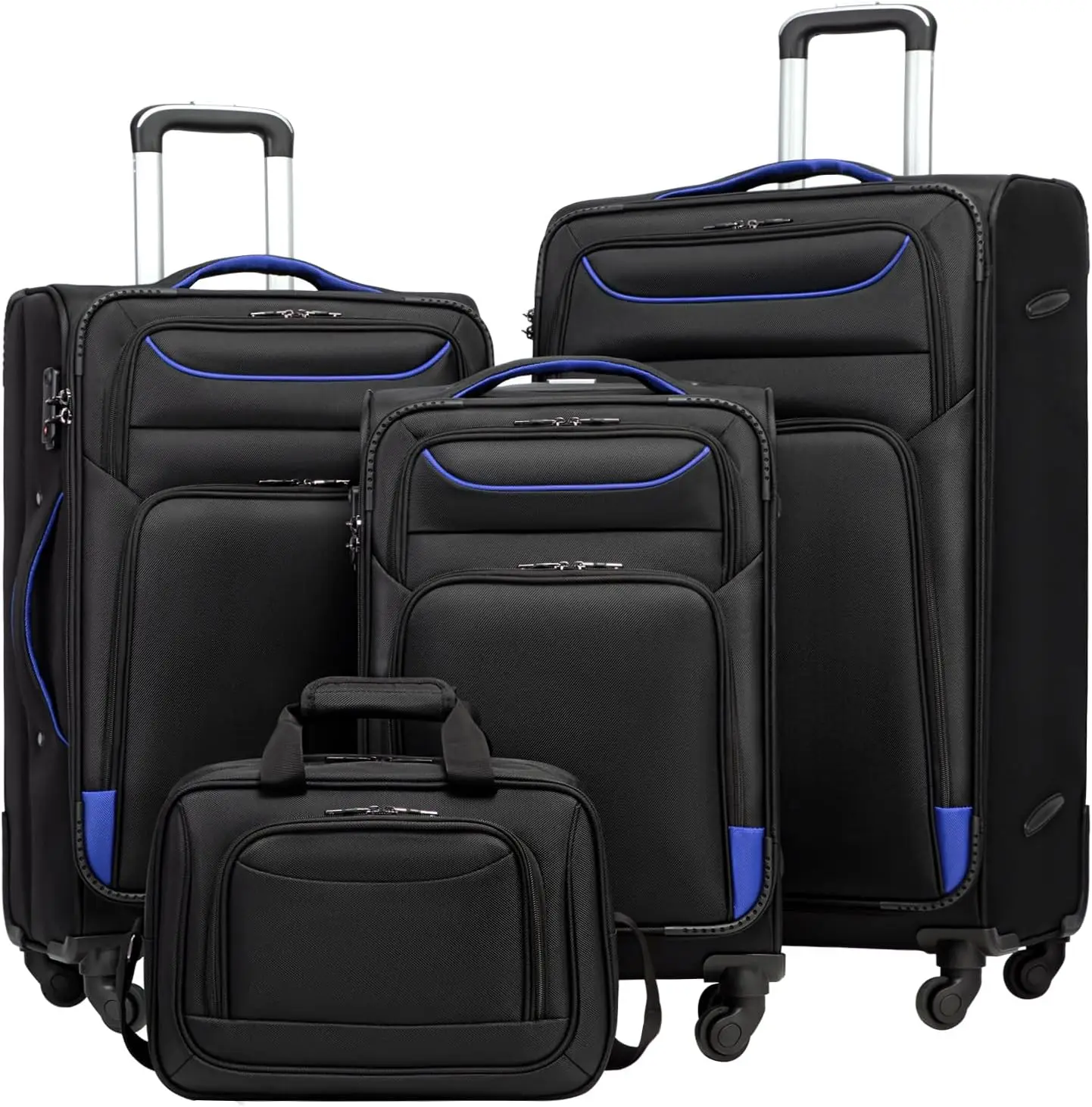 Coolife Luggage 4 Piece Set Suitcase TSA Lock Spinner Softshell lightweight(black+blue)