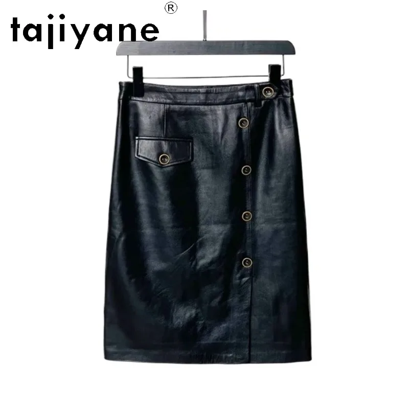 TAJIYANE Real Leather Skirt Mid-length Sheepskin Women's Skirts A-Line Black Skirts for Woman Split Bodycon Skirt Slim-fit Юбка