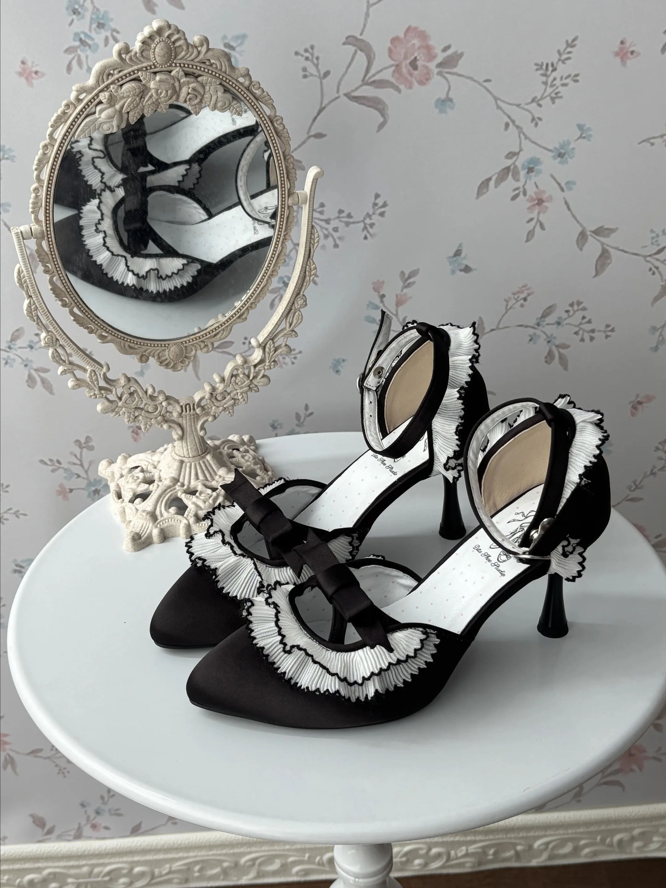 

New Women's Handmade Color Block Lolita High Heels Thin Heel Pointed Toe Bow Lace Skirt Decor Ankle Buckle Sweet Elegant Pumps