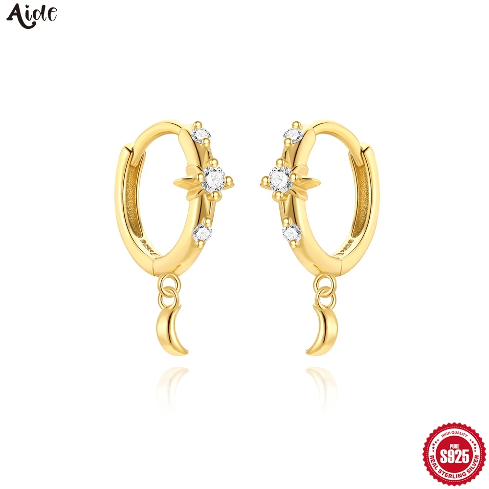 

Серьги-кольца Aide из стерлингового серебра 925 пробы со звездой и луной, винтажные золотые серьги для женщин, изысканные модные украшения