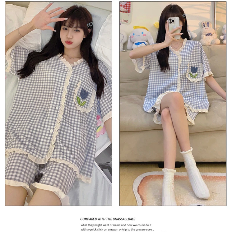 Модель 5XL, женская пижама, весенне-летний комплект из двух предметов с коротким рукавом, милая и милая Студенческая клетчатая Свободная Домашняя одежда принцессы