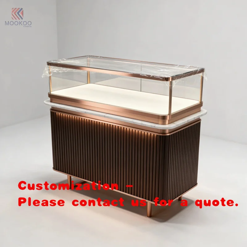 custom.Luxury Rotating Reception with Glass Display Showcas Modern Rose Gold Metal Marble Top Console Table LED Light Boutiq