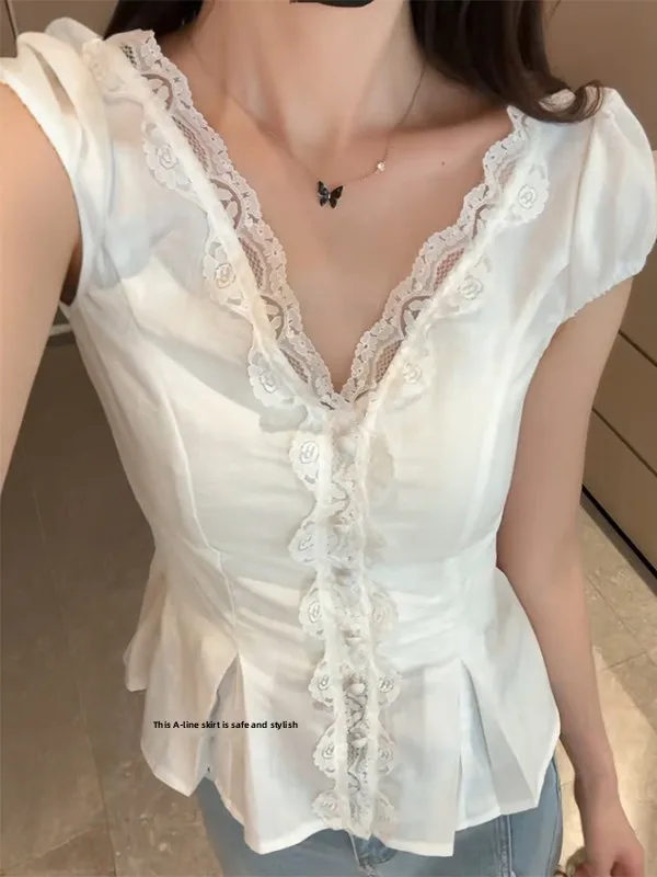 

Ele Lace Trim V-Ne ort Sve irt Women's Slim Fit Waist Cinching Hollow out Belted Top Summer Commute Sle