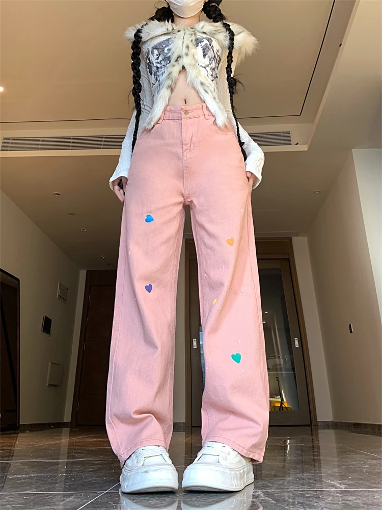 Calças femininas coloridas em forma de coração bordado rosa legal menina casual bottoms calças femininas cintura alta calças largas perna