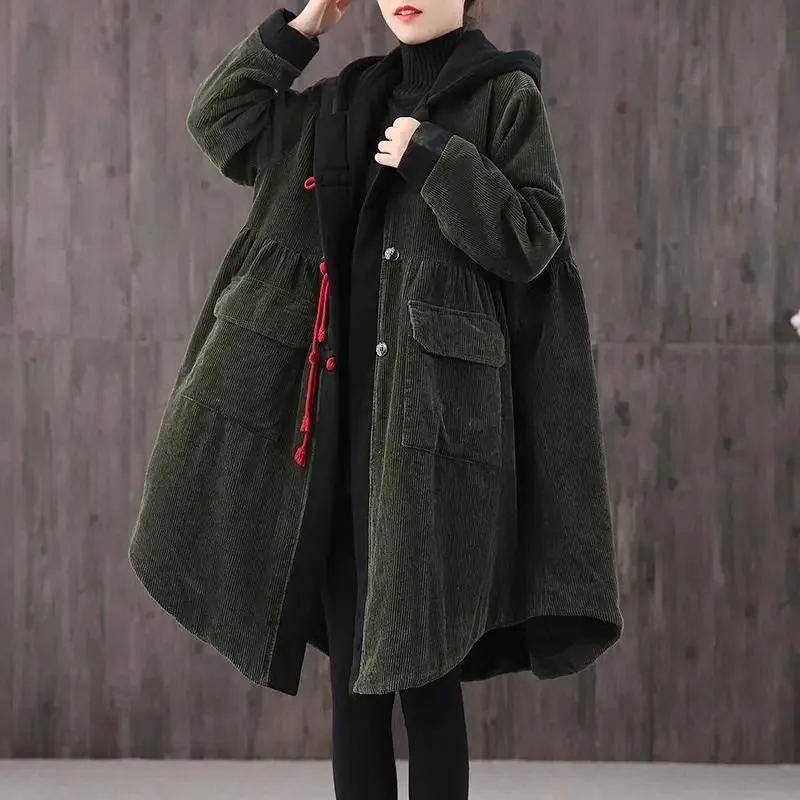 Women's Corduroy Parkas Jacket Women Winter Quilted Cotton Coat Thicken Windbreaker Hooded Jacket Long Loose Size Lady Overcoat