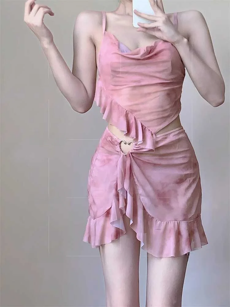 Candygirls Women's Swimsuit 2024 New Sle Steel Strap Gathered Bikini Separate Nylon Fabric with Chest Pad Sports Fitn