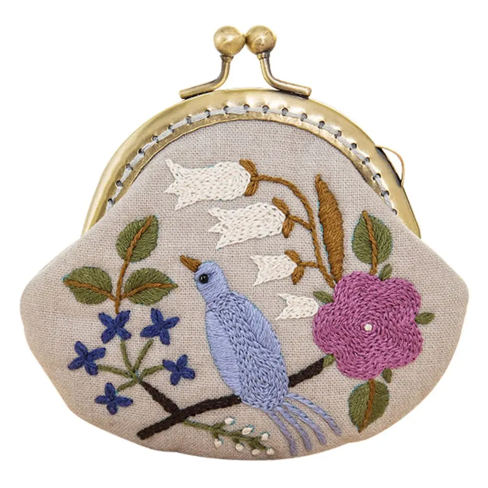 Handmade DIY Flowers Bird Embroidered Clutch Coin Purse Wallet Mobile Phone Bags Kit Embroidered for Wallet Crafts