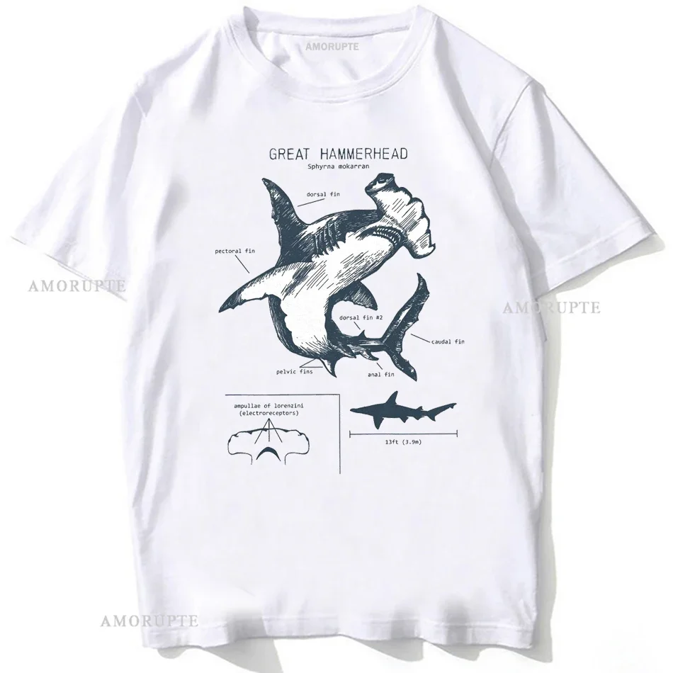 New Summer Men Short Sleeve Great White Shark Anatomy T-Shirt Hammerhead Shark Sea Animal Art Casual Tees Retro Hipster Boy Tops