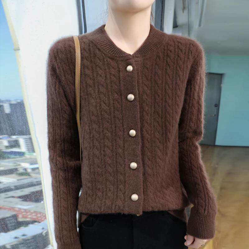 Autumn and winter new women\'s cardigan 100% Merino wool knitted cashmere sweater O-neck seven thick solid color loose coat.