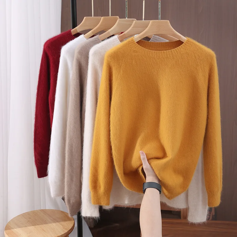 

Autumn Winter Sweater Pullover Women's Clothing 100% Mink Cashmere Sweater Pullover O-Neck Basic Long Sleeve Warm Fleece Knitted