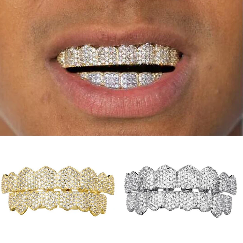 Feel Style Teeth Grillz Set For Unisex Iced Out Cubic Zirconia Stone Top Bottom Box Packing Hip Hop Gift Jewelry For Man Women