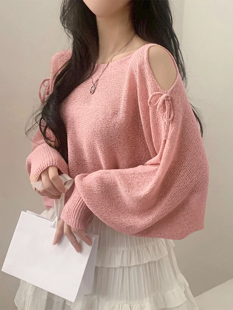 Suéter f solto estilo coreano, primavera, novo estilo, cinto, ombro nu, dividido, transparente, manga crida, top de...