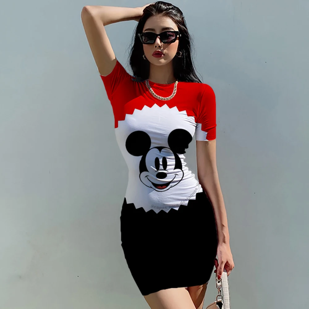 Disney Minnie O neck Short Sleeve Slim Package Hips Mini Short Dress 2022 Summer Autumn Women Sexy Bodycon Party Dress Vestidos