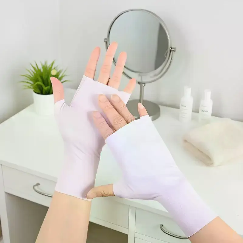 Pro Uv Protection Gloves For Nail Art Gel Nail Lamp Sunscreen Gloves Fingerless Hand Sun Care Thin Cool Ice Silk Silky Sun Glove