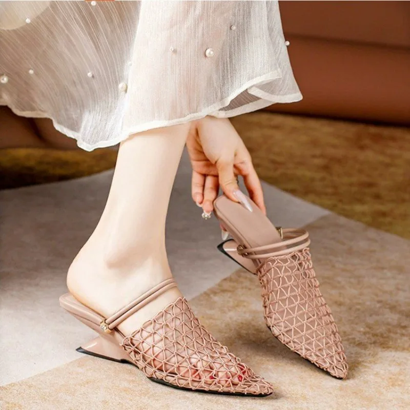 French-style Wedge Open-toe Slippers for Women, Summer Outdoor Wear, Mesh Hollow-outNew Two-way Woven Fishnet Breathable Sandals
