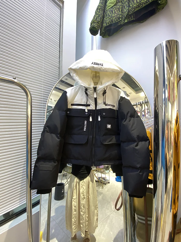 Trendy short workwear down jacket women's winter new style letter printing hooded splicing contrasting white duck down coat