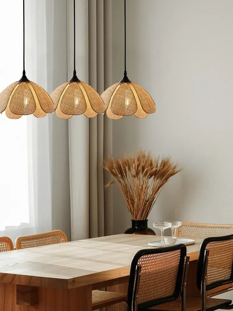 Vine woven petal pendant light Japanese creative design bar three head combination retro homestay restaurant decoration