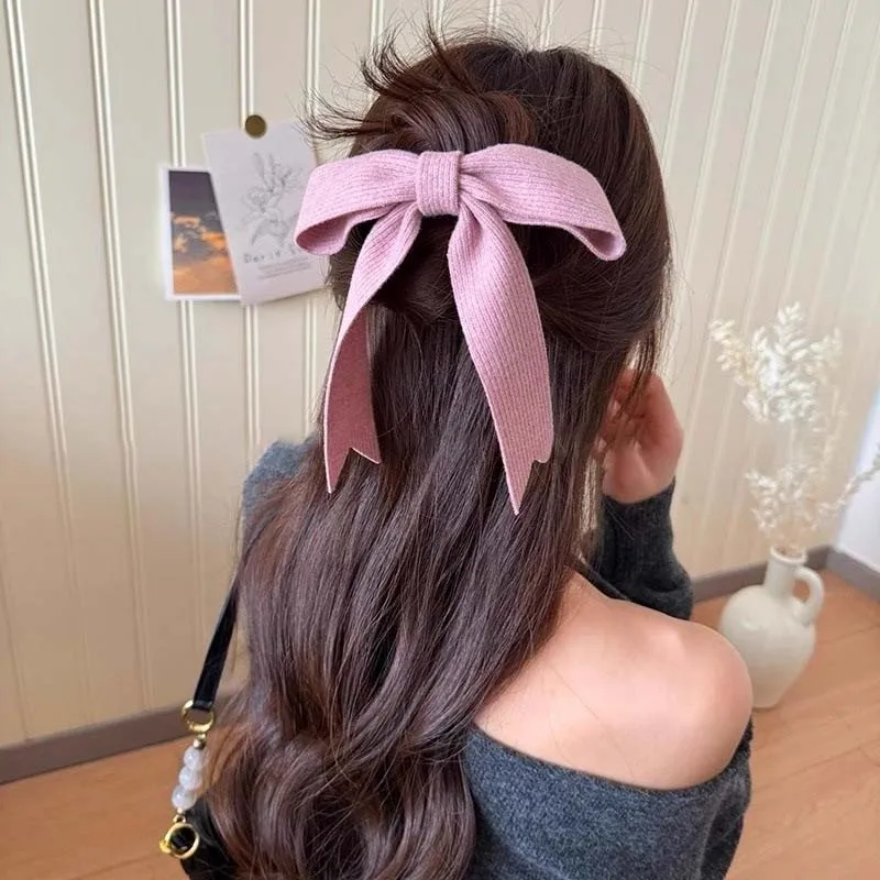 Korean Solid Color Large Pink Bow Hairpins for Women Girl Vintage Knitted Bowknot Ribbon Duckbill Clamp Clip Hair Accessories