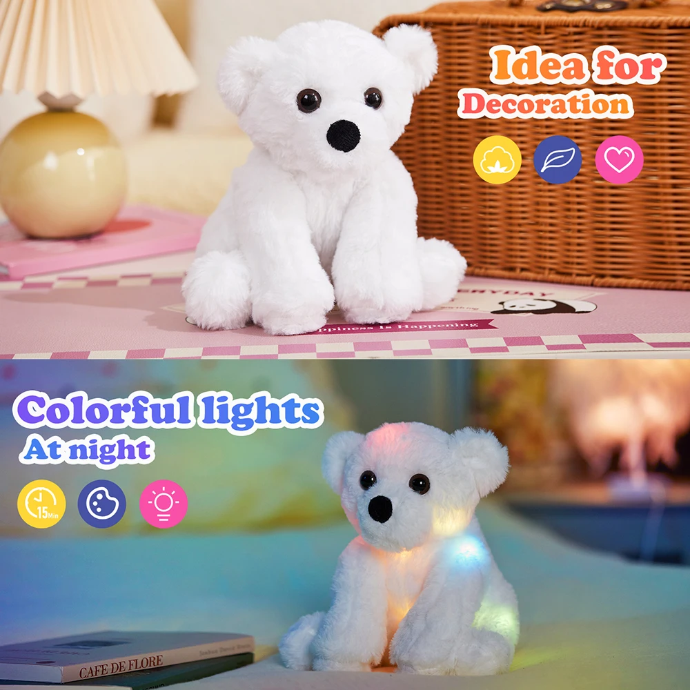 25cm Plush Bear LED Light Dolls White Stuffed Polar Bear Animals Gift for Kids Girl Christmas Birthday Festival Toy Luminous