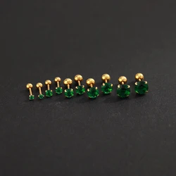 2PC Luxury Green Zircon 4 Claw Stud Earrings for Women Fashion Simple Stainless Steel Body Piercing Jewelry Accessories