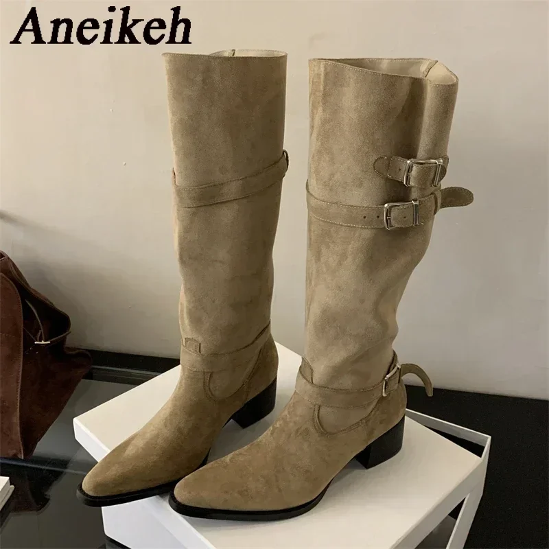 

Aneikeh модные женские сапоги до колена с пряжкой на ремне и острым носком, праздничное платье, длинные ботильоны на массивном низком каблуке, обувь Zapatos Muje