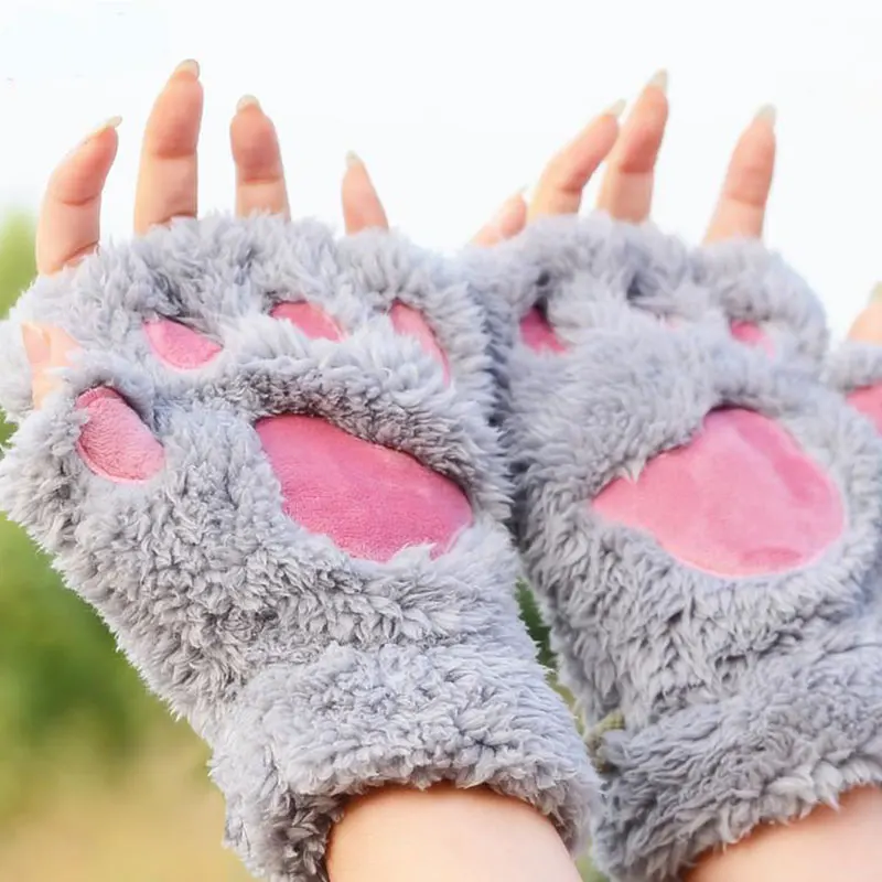 Cute Cat Bear Paw Winter Gloves Faux Fur Thick Plush Gloves kitten Fingerless Mittens Christmas Halloween Gifts For Girls Gloves