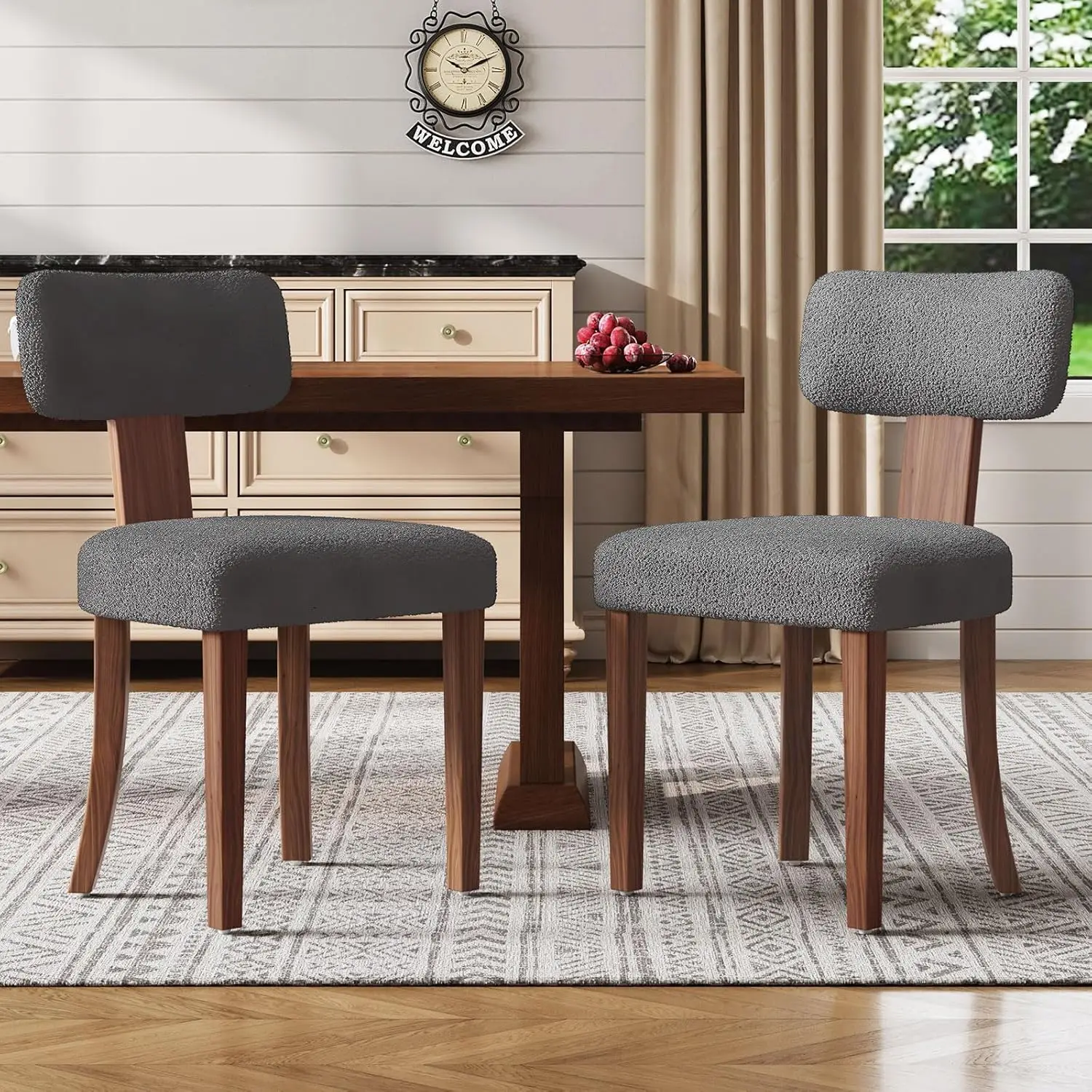 Mid Century Modern Dining Chairs Set Of 2, Sherpa Upholstered Kitchen Chairs With Curved Backrest & Adjustable Legs For Living