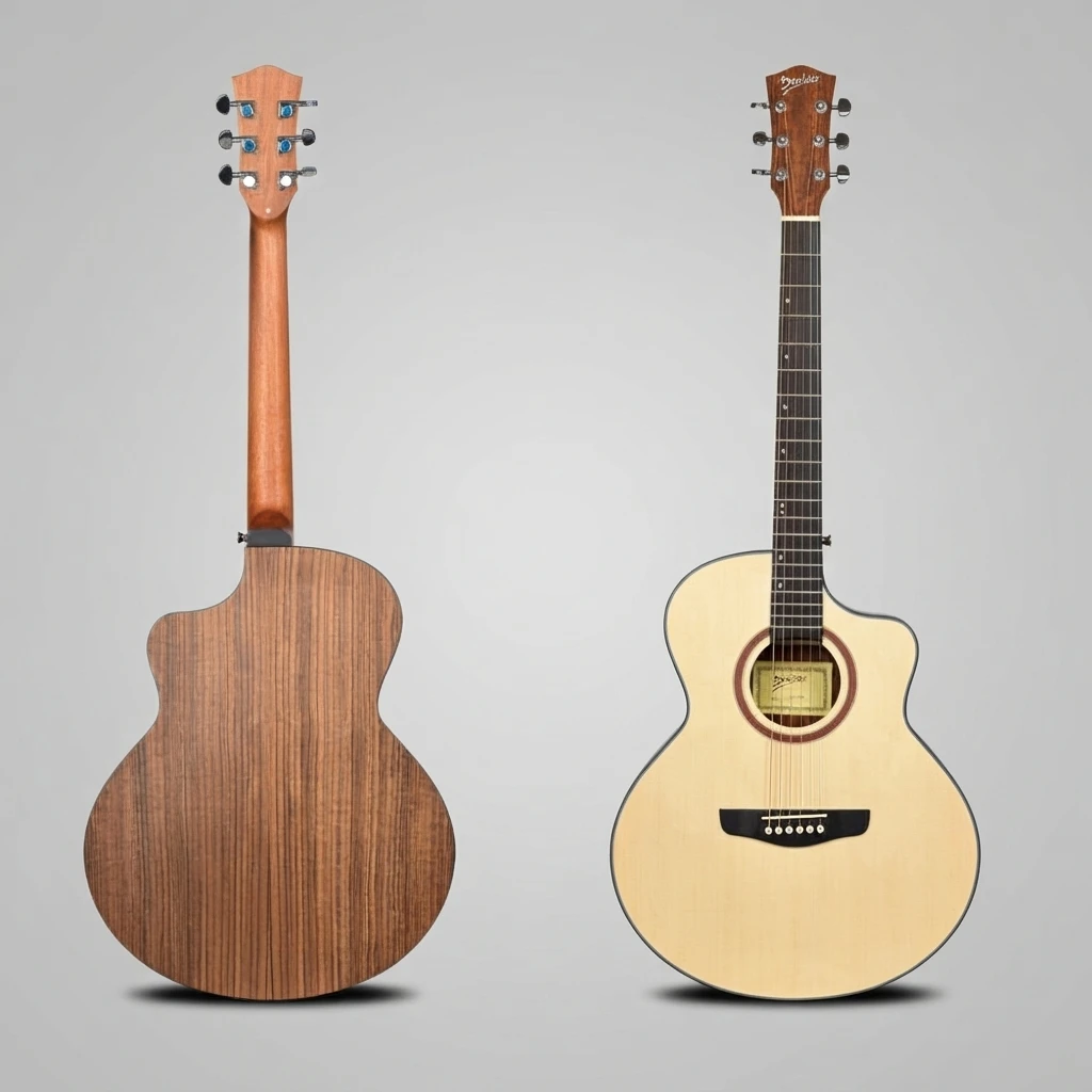 Cutaway Acoustic Guitar 6 String Glossy Natural Top White Binding Chrome Tuners Dot Inlay Bridge Pins Slim Neck Dark Back