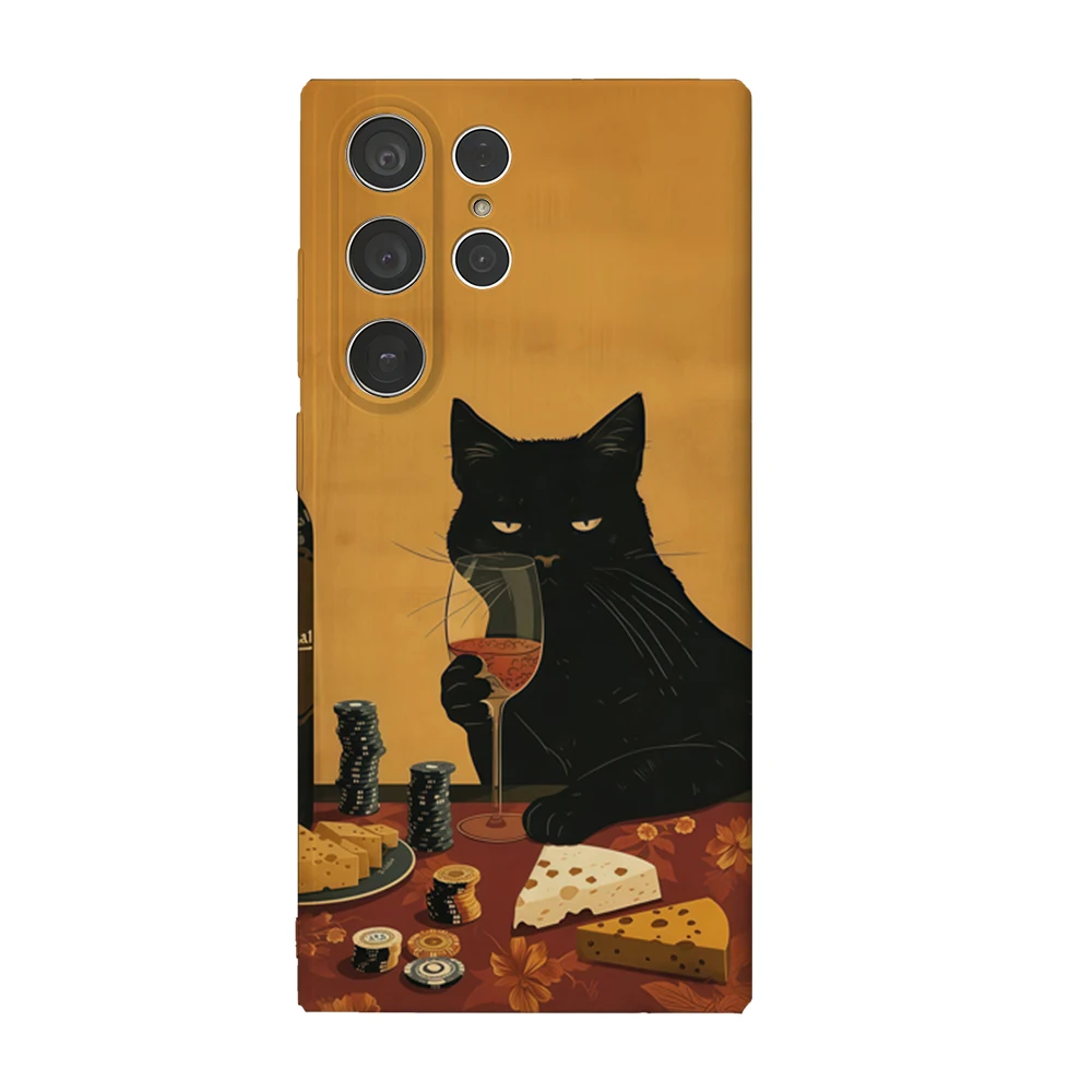 النبيذ والجبن القط قضية الهاتف لسامسونج غالاكسي S25 S24 S23 الترا زائد A35 A55 لامعة HD الغلاف الصلب فيلم قذيفة
