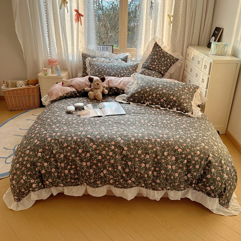 100% Cotton Korean Style Floral Lace Ruffles 3/4Pcs Bedding Set Single Queen Size Duvet Cover Bed Sheet/Fitted Sheet Pillowcases