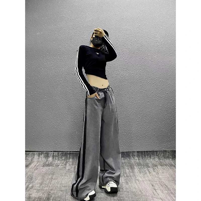 ZHIZOU, pantalones vaqueros holgados a rayas grises para mujer Y2K American Harajuku High Street 90s, pantalones vaqueros de pierna ancha holgados Retro estéticos, ropa