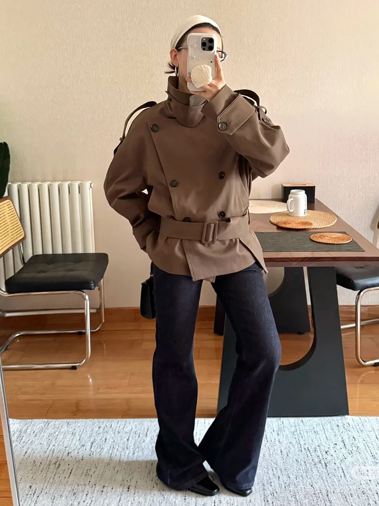 Women Stand Collar Short Trench Coat Asymmetric Button Epaulet Belted Waist Loose British Style Casual Outerwear Jacket