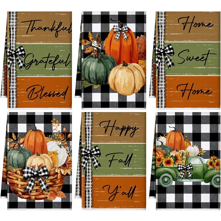 

6 Pack Thanksgiving Kitchen Towels Autumn Hand Towels Fall Flower Bathroom Dish Cloths Buffalo Plaid Bowknot Sunflower Pumpkin