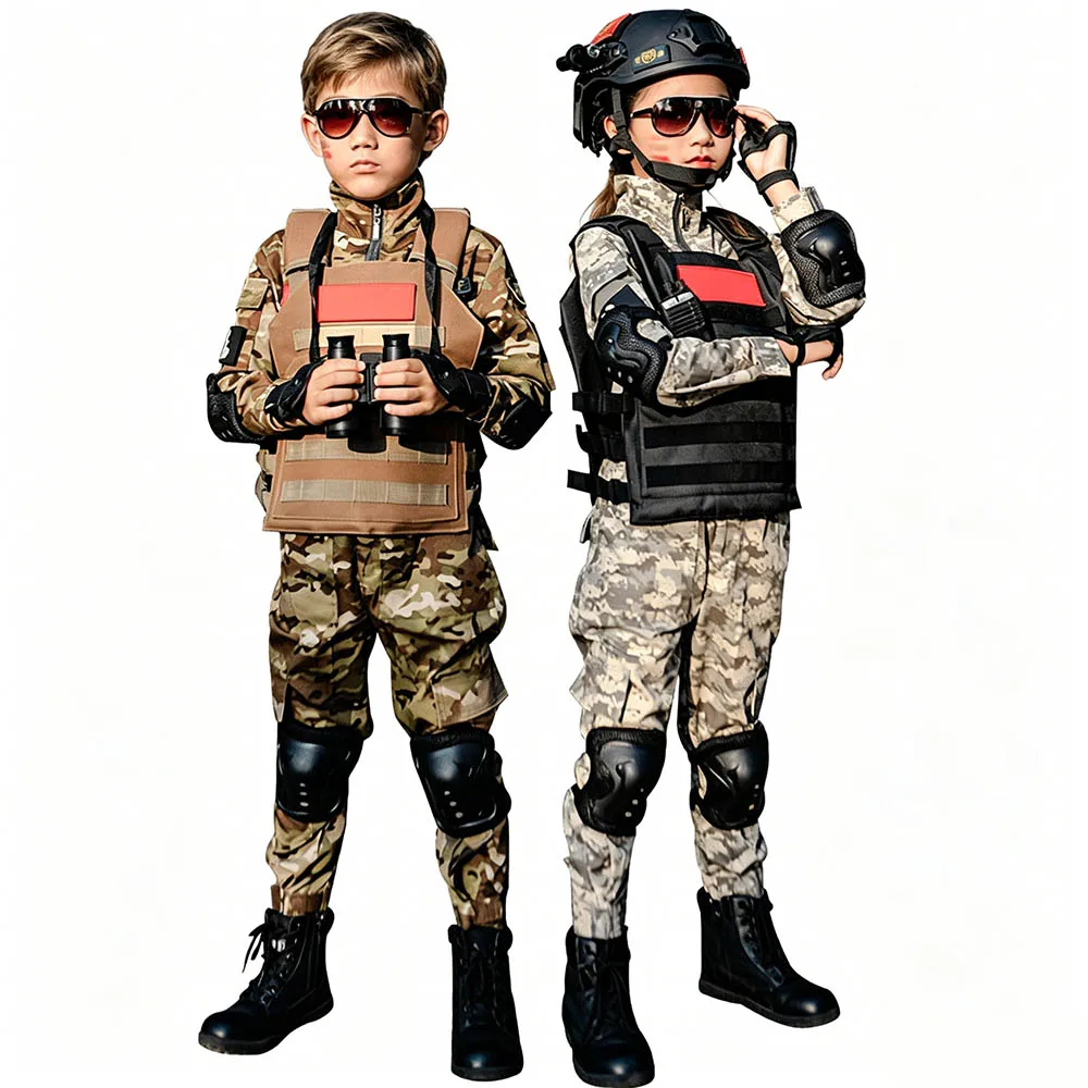Kids Tactical Camo Short Sleeve Suit Children's Day Boys Girls Cosplay Costume Military Style Uniform for Daily Wear Party Cos