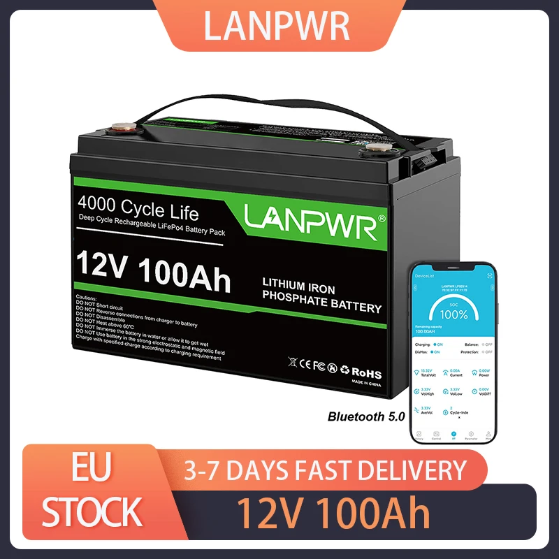 LANPWR 12V 100Ah LiFePO4 Battery Pack, 1280Wh Energy, with 4000+ Deep Cycles & Built-In 100A BMS, with Bluetooth