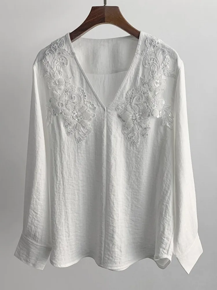 Femmes bureau élégant couleur unie à manches longues pull chemise col en v mode perles broderie paillettes coupe ample Blouses décontractées