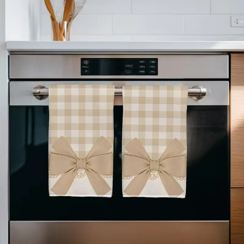 2-Piece khaki plaid bow pattern kitchen towel