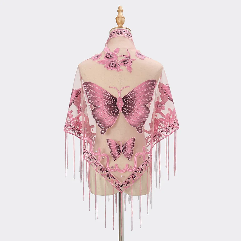 Fashion Lace Hollow Solid Color Triangle Scarf for Women Butterfly Embroidery Tassel Breathable Transparent Shawl Decoration