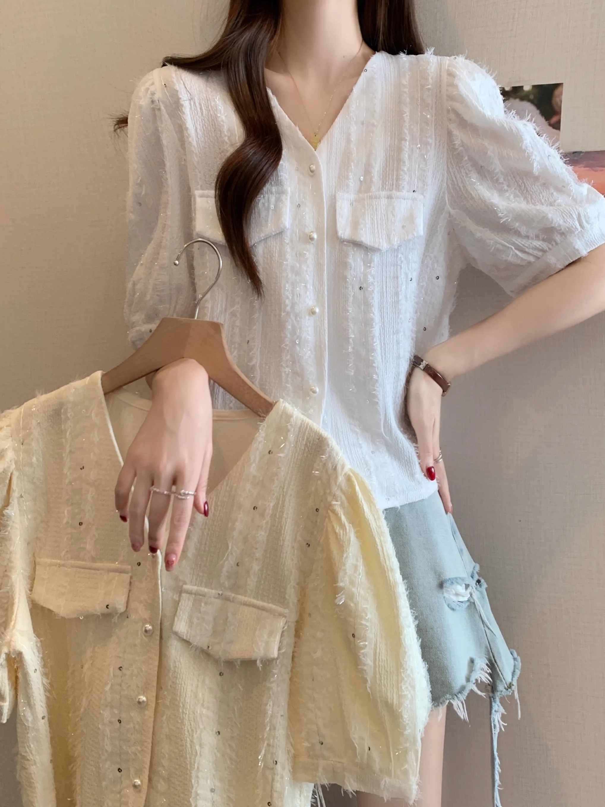 iny V-ne ort Sve irt Mujer Tallas grandes Verano Faion Age-defng Glitter European Sle Top Coreano Loose Fit Bubb...