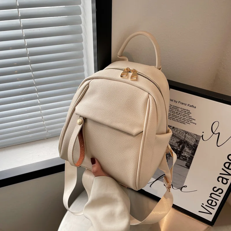 Women's Tan Faux Leather Mini Backpack, Lightweight Casual Daypack with Gold Hardware, Multi-Pocket Travel Shoulder Bag