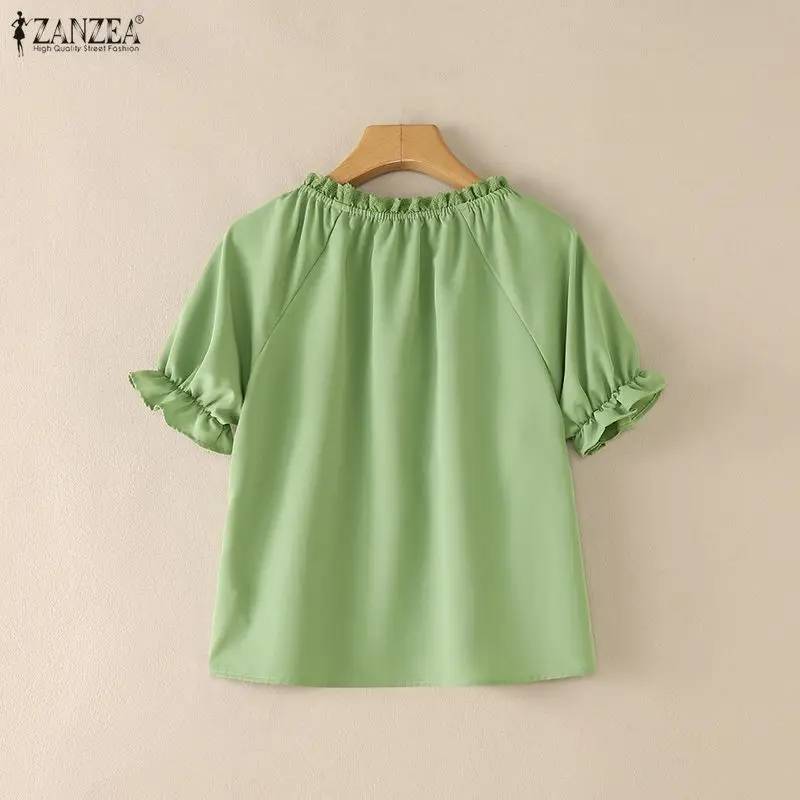 ZANZEA Women's Babydoll Blouses Sweet Lace Trim O-Neck Lace-Up Short Puff Sleeve Tops Summer Casual Loose Solid Blusas de Mujer