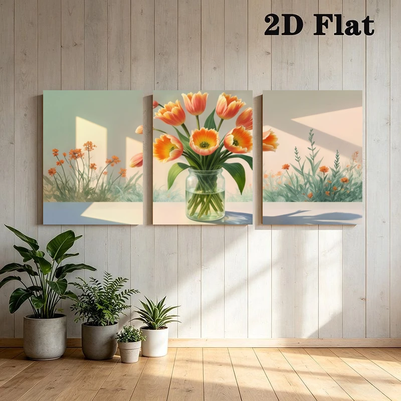 2D Flat, 2D Flat, 3pcs Modern Orange Tulip in Glass Vase with Wildflowers And Light Effect Frameless Wall Art Home Decor for