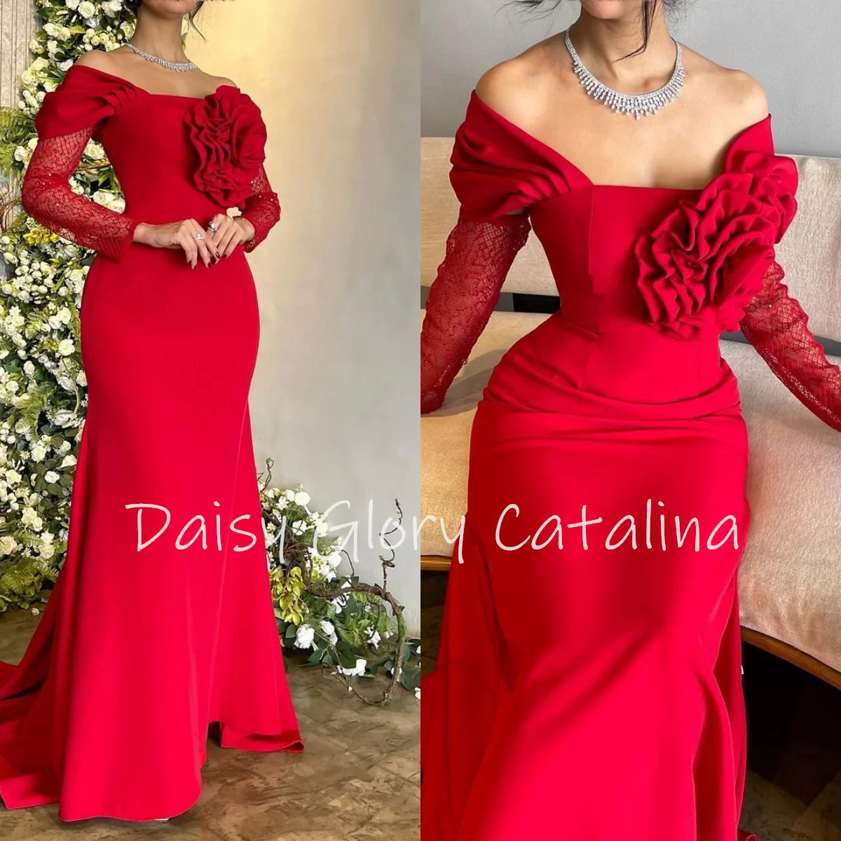 

Red Mermaid Evening Dresses Formal Occasion Square Neckline Beadings Saudi Arabia Women's Prom Dresses Wedding Party New 2024