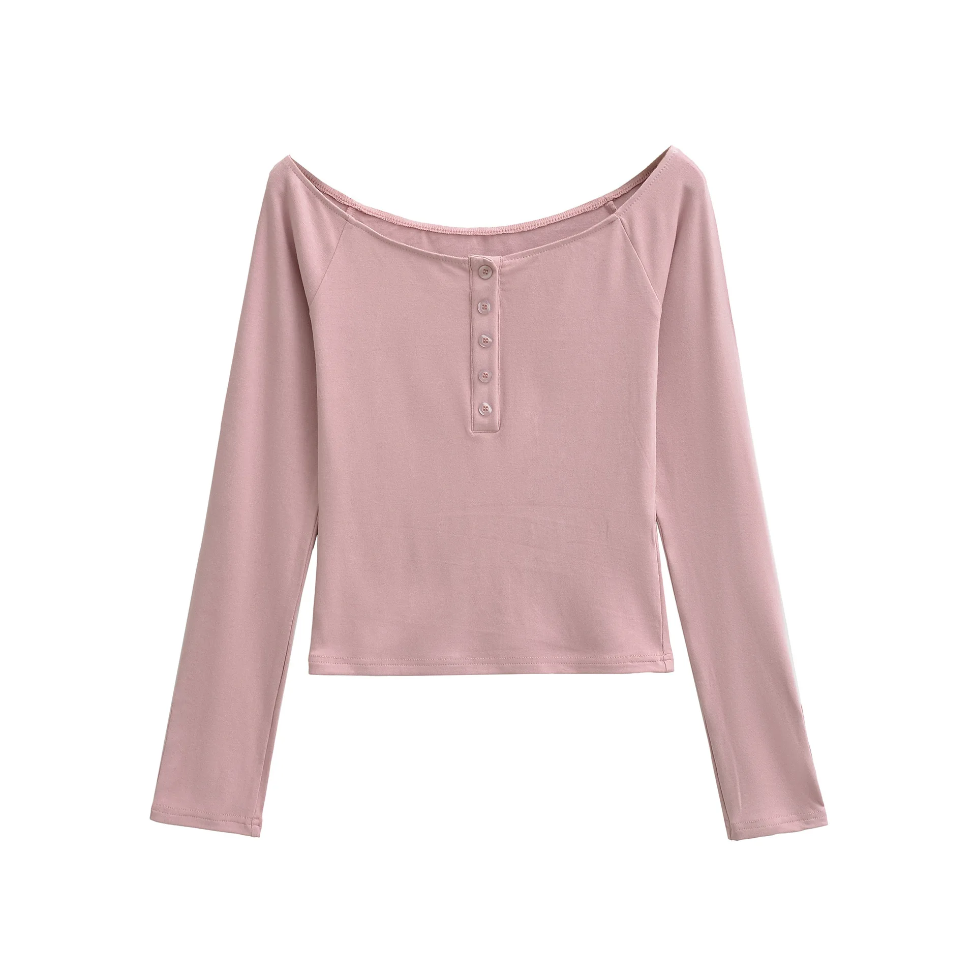 Spring Korean Fashion Style Slim Fit Hot Girl Off-Shoulder Shell Button Clean Face Crop Long Sleeve Pullover T-Shirt Charm O3IF
