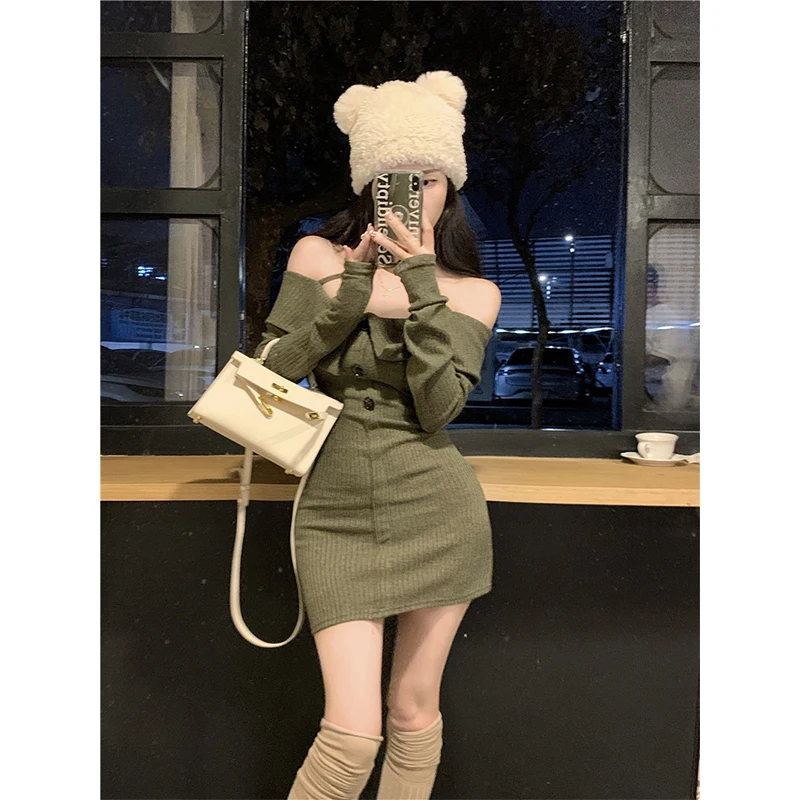 MEXZT Mini abito lavorato a maglia vintage da donna Sexy con spalle scoperte Abiti maglione all'americana Abiti invernali coreani a maniche lunghe aderenti Nuovo