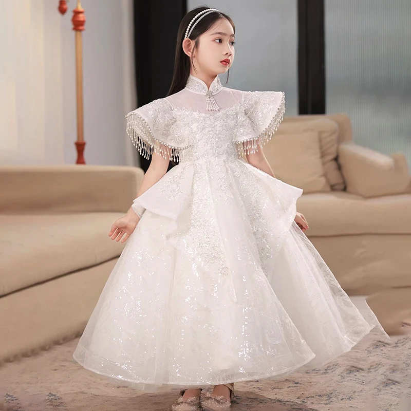 Elegant Flower Girls Dress For Wedding Party High Neck Tassels Cap Sleeves Concert Junior Bridesmaid Gown