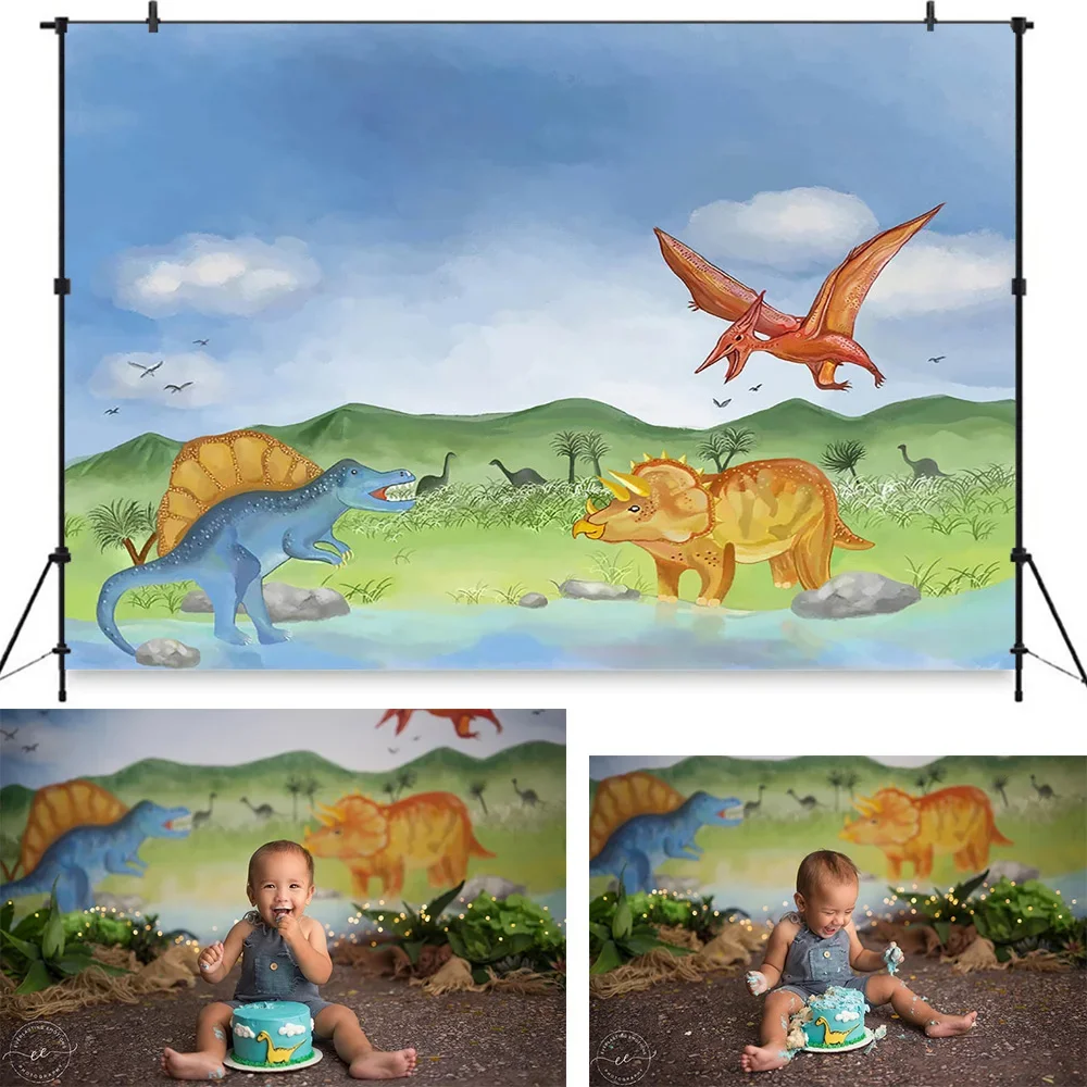 

Jurassic World Cartoon Dinosaur Baby Shower Cake Smash Photography Background Newborn Birthday Backdrop Banner for Studio Shoot